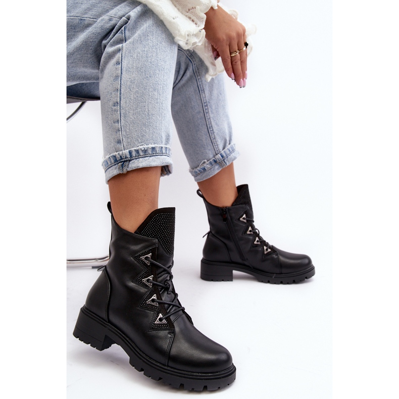 Isolierte Lederstiefel mit Strasssteinen Schwarz Gwen S.Barski HY93-52A 2