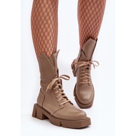 Damen-Arbeiterstiefeletten aus Leder mit massivem, flachem Absatz Zazoo 976A Dunkelbeige 1