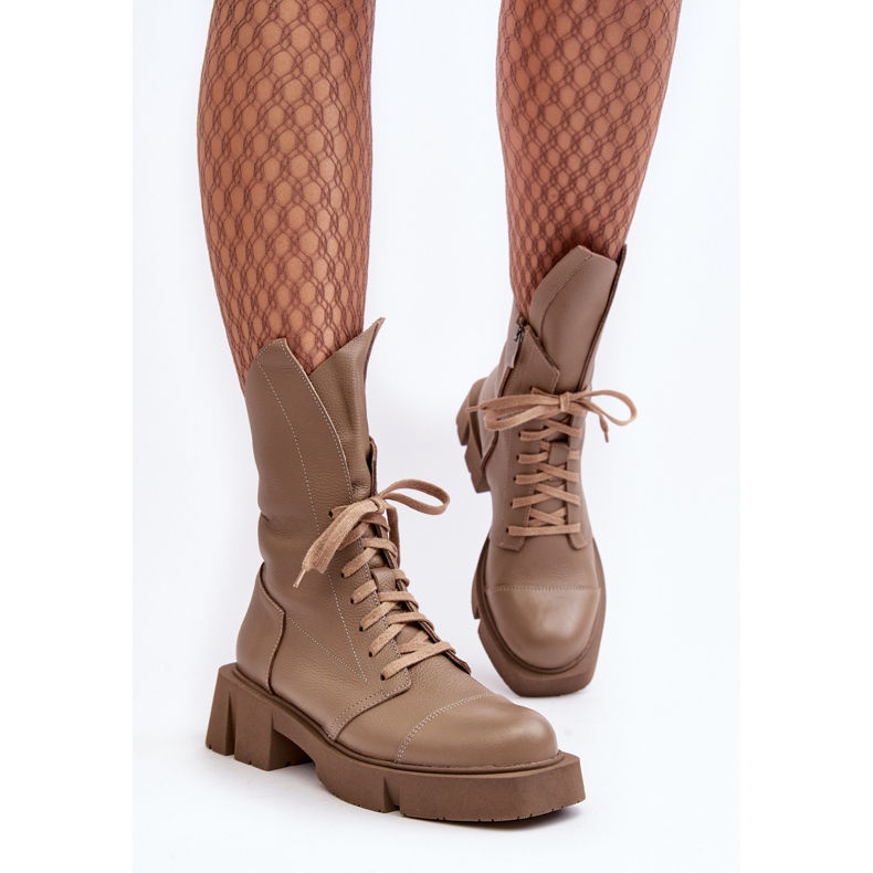 Damen-Arbeiterstiefeletten aus Leder mit massivem, flachem Absatz Zazoo 976A Dunkelbeige 1