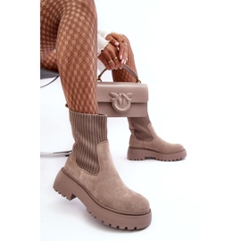 Seastar Dunkelbeige Wildlederstiefeletten mit Socke auf Plateau und flachem Absatz 3