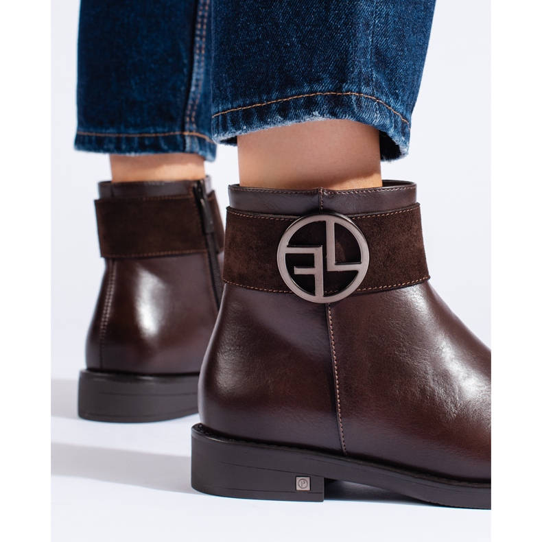 W. Potocki Braune niedrige Stiefel mit flachem Absatz von Potocki 2