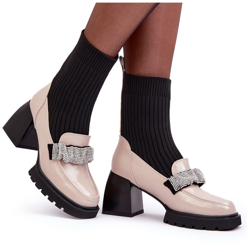 Frauenstiefel mit einer Socke, die mit Zirkonen beige S.Barski MR870-41 verziert ist 5