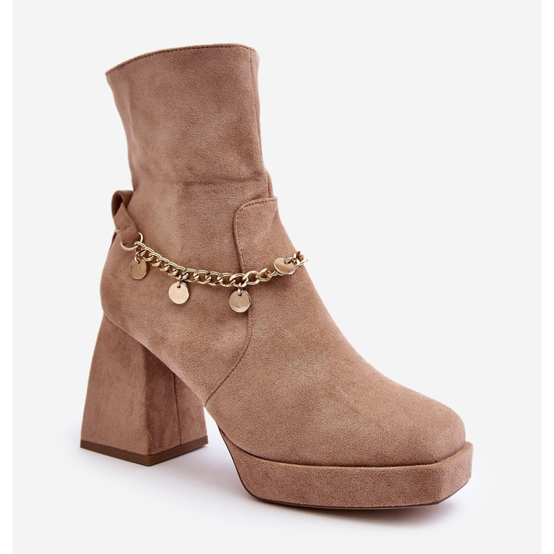 Damen-Stiefeletten mit hohem Absatz und Kette, Beige Tiselo 1