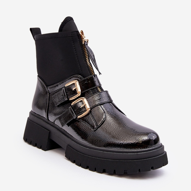 Damen-Lacklederstiefel mit flachem Absatz, Schwarz Rellisa 2