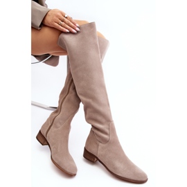 Damen-Overknee-Stiefel aus Wildleder mit flachem Absatz, Beige Hewanella 1