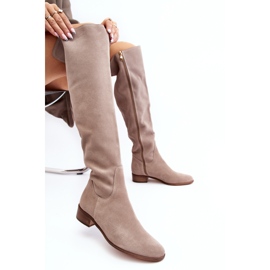 Damen-Overknee-Stiefel aus Wildleder mit flachem Absatz, Beige Hewanella 2