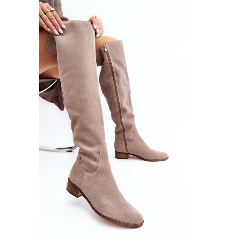 Damen-Overknee-Stiefel aus Wildleder mit flachem Absatz, Beige Hewanella 2