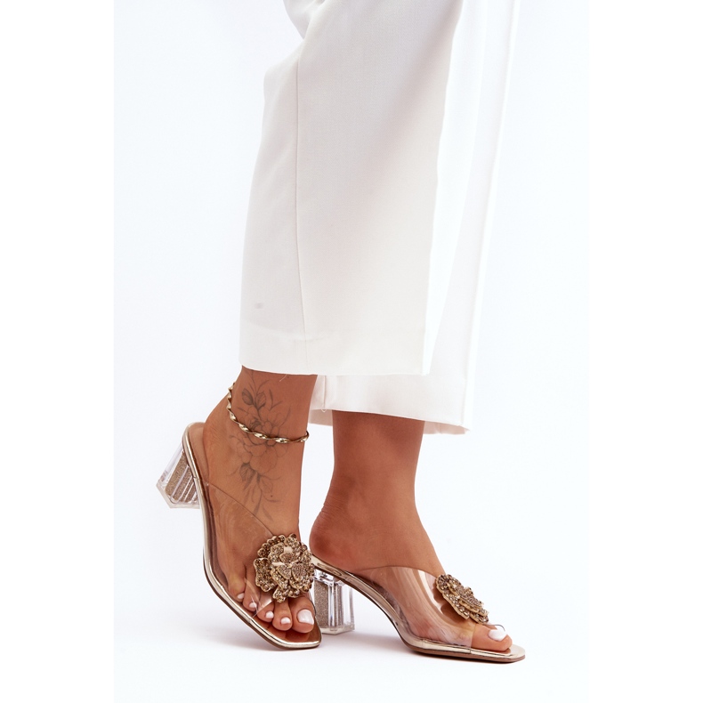 Transparente Flip-Flops auf hohem Absatz mit Goldverzierung S.Barski MR1037-20 golden 1