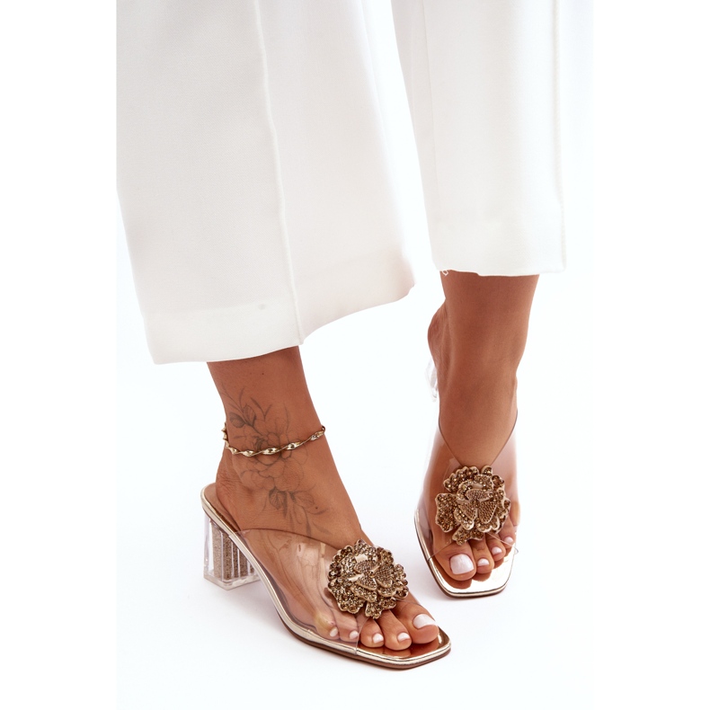 Transparente Flip-Flops auf hohem Absatz mit Goldverzierung S.Barski MR1037-20 golden 2