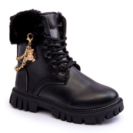 Warme Kinderstiefeletten aus Leder mit Kette, schwarz 4
