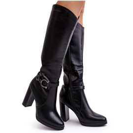 Damen-Stiefel mit hohem Absatz und Verzierung über dem Knie, schwarze Rahallis 3