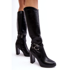 Damen-Stiefel mit hohem Absatz und Verzierung über dem Knie, schwarze Rahallis 1