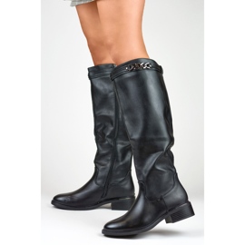 Kniehohe Damenstiefel mit flacher Sohle aus Öko-Leder schwarz 2