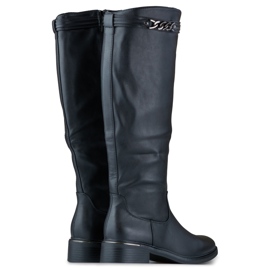 Kniehohe Damenstiefel mit flacher Sohle aus Öko-Leder schwarz 1