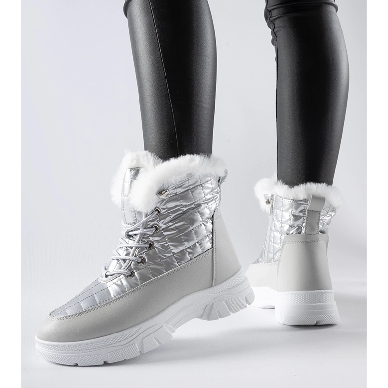 Silberne, isolierte Schneestiefel auf der Dwayn-Plattform 1