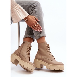 Zazoo 3413 Damen-Arbeiterstiefeletten aus Leder mit massiven hohen Absätzen, Beige 1