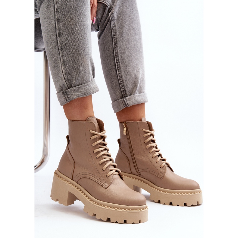 Zazoo 3413 Damen-Arbeiterstiefeletten aus Leder mit massiven hohen Absätzen, Beige 2