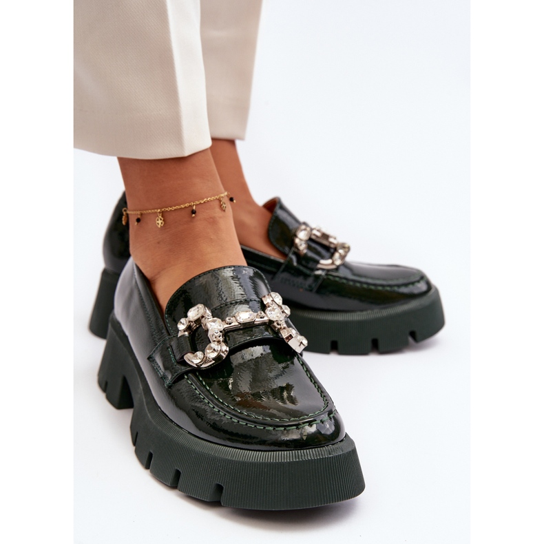 Damen-Mokassins aus Lackleder mit Verzierung, dunkelgrünes Arsaba 1
