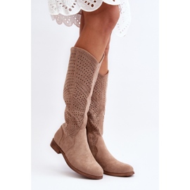S.barski HY66-150 Durchbrochene Stiefel auf flachen Absätzen Beige 2