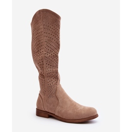 S.barski HY66-150 Durchbrochene Stiefel auf flachen Absätzen Beige 1