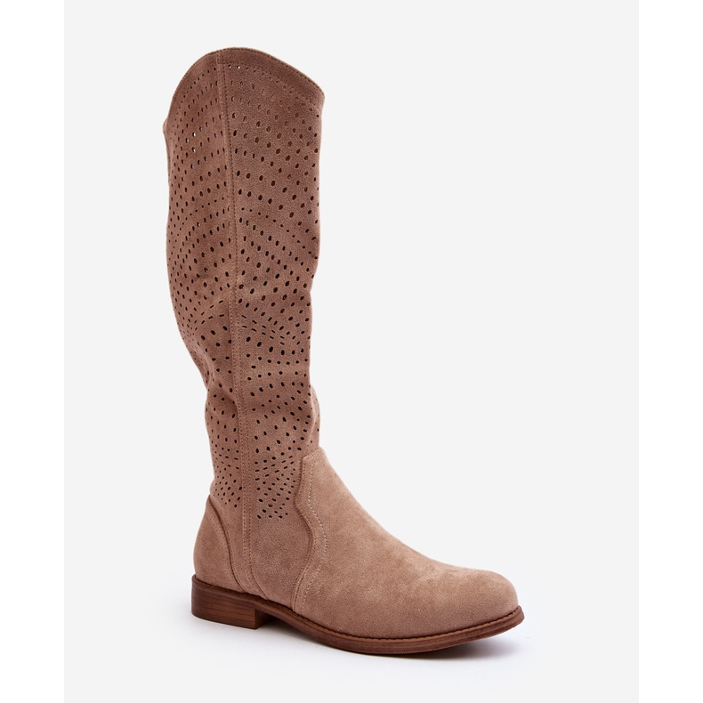 S.barski HY66-150 Durchbrochene Stiefel auf flachen Absätzen Beige 1