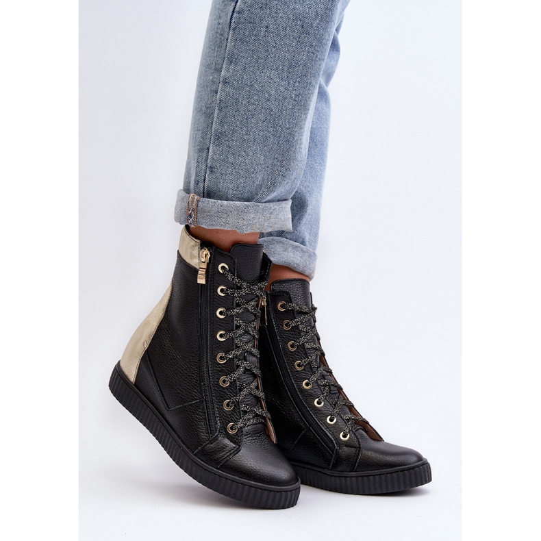 Zazoo 3081 Damen-Sneaker aus Leder mit Keilabsatz, Schwarz 1