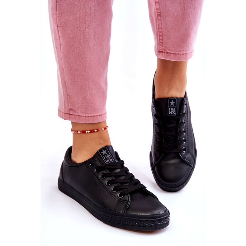 News Damenleder gebunden klassische schwarze Turnschuhe 5