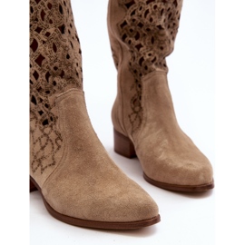 Zazoo 3403 Durchbrochene Damenstiefel mit niedrigem Absatz Hellbeige 2