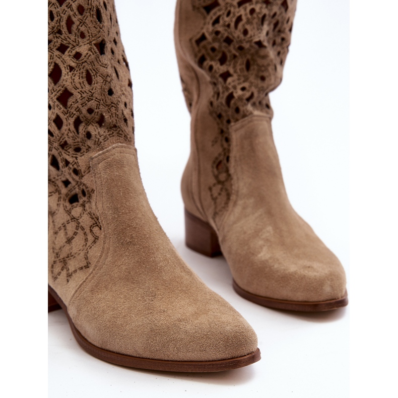 Zazoo 3403 Durchbrochene Damenstiefel mit niedrigem Absatz Hellbeige 2