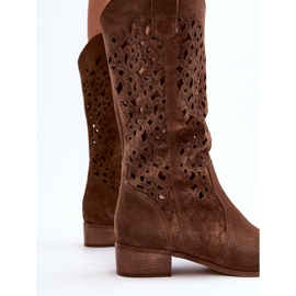 Zazoo 3403 Braune, durchbrochene Damenstiefel mit niedrigem Absatz 2