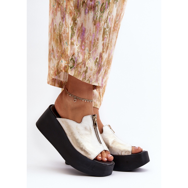 Zazoo 2916 Damen-Flip-Flops auf einer massiven Plattform mit Reißverschluss, Gold golden 2