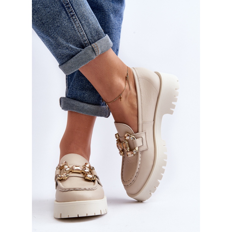 Damen-Ledermokassins mit Dekoration CheBello 4369 Beige 1