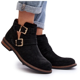 Flache Damenstiefel mit Riemen in Schwarz von Melviana 10