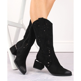 Durchbrochene Damenstiefel aus Wildleder, schwarz Potocki SZ12397 1