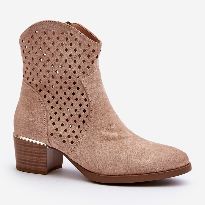 Vinceza Beige durchbrochene Stiefeletten mit niedrigem Absatz von Cilvana 1