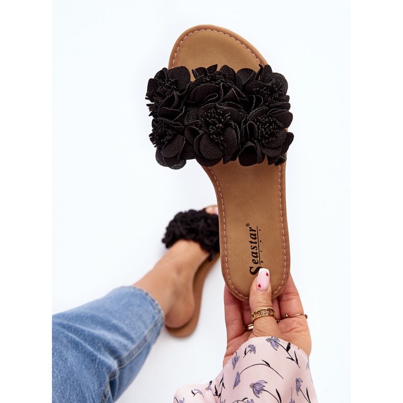 Damen-Flip-Flops mit Blumenmuster, Schwarz Eelfan 1