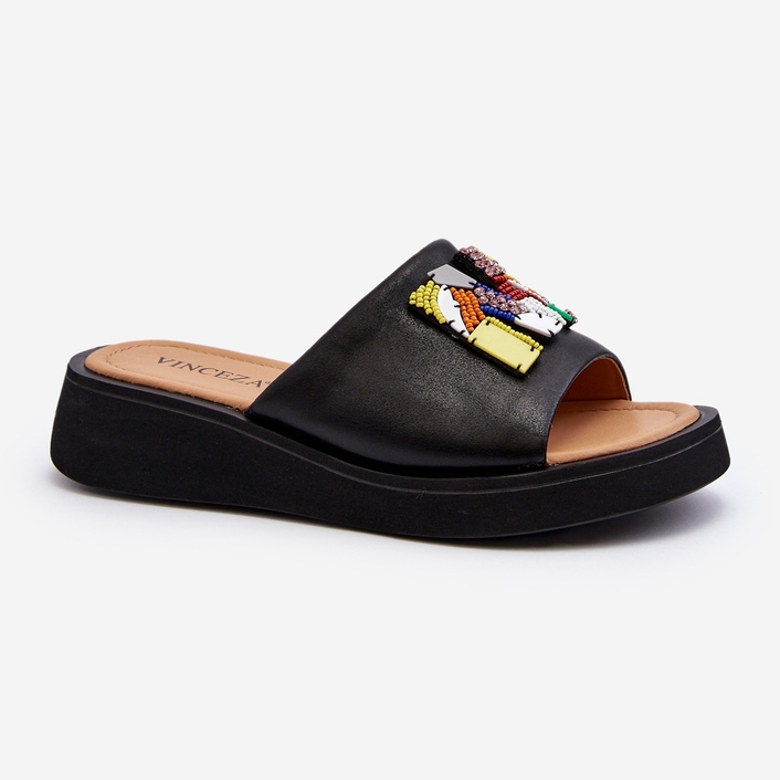 Vinceza Damen-Flip-Flops aus Leder mit schwarzer Asames-Dekoration 1
