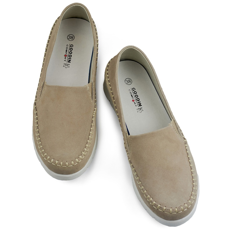 Bequeme Damenschuhe aus Naturleder mit flacher Sohle beige 1
