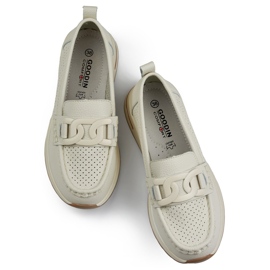 Bequeme Damen-Ledermokassins, beige durchbrochene Damenschuhe aus Naturleder 1