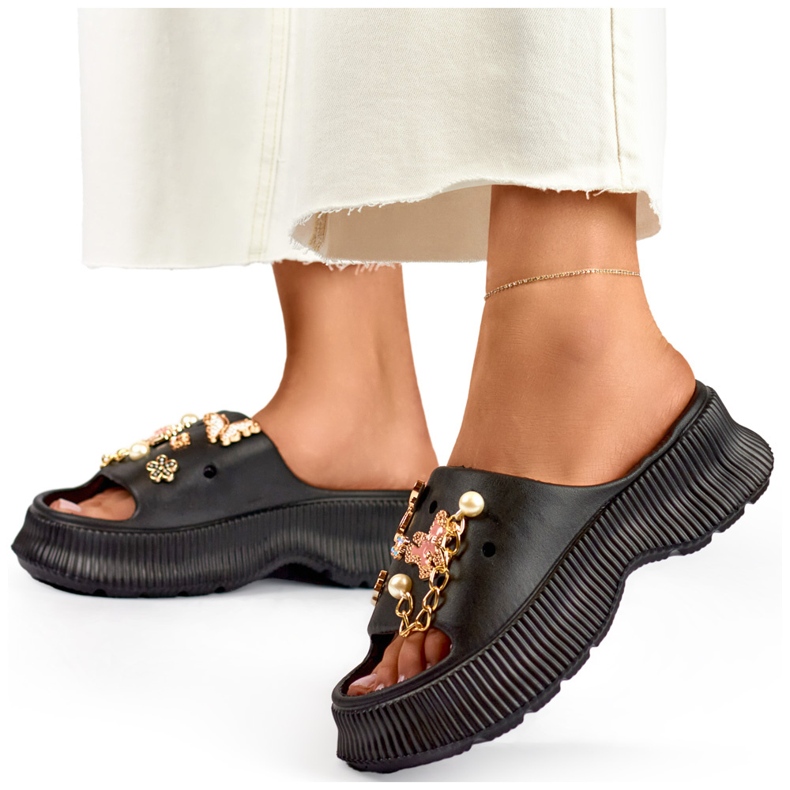 Damen-Flip-Flops aus schwarzem Gummi mit Verzierungen 1