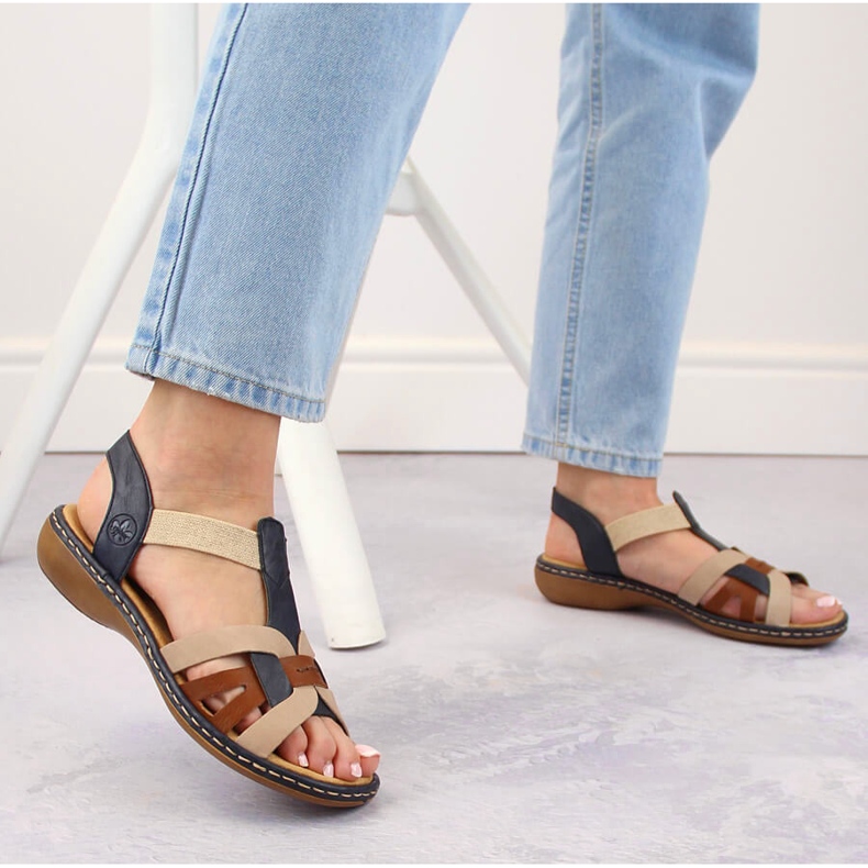 Bequeme Damen-Slip-On-Sandalen mit mehrfarbigen Gummibändern, Rieker 65918-90 beige 2