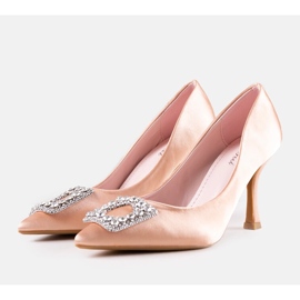 Beige High Heels mit Satin-Finish und Clemente-Strasssteinen 2