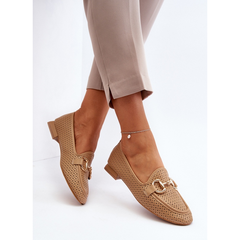 Damen-Mokassins mit flachem Absatz und Kamel-Iluvana-Dekoration braun 1