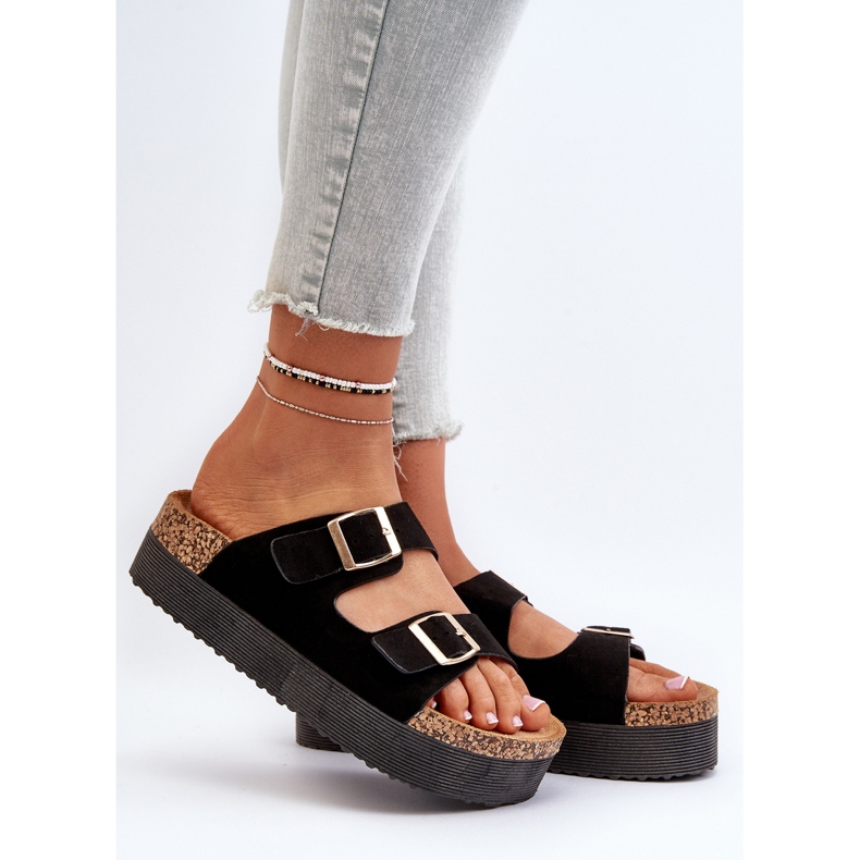 Damen-Plateau-Flip-Flops mit Schnallen in Schwarz von Lolpey 2
