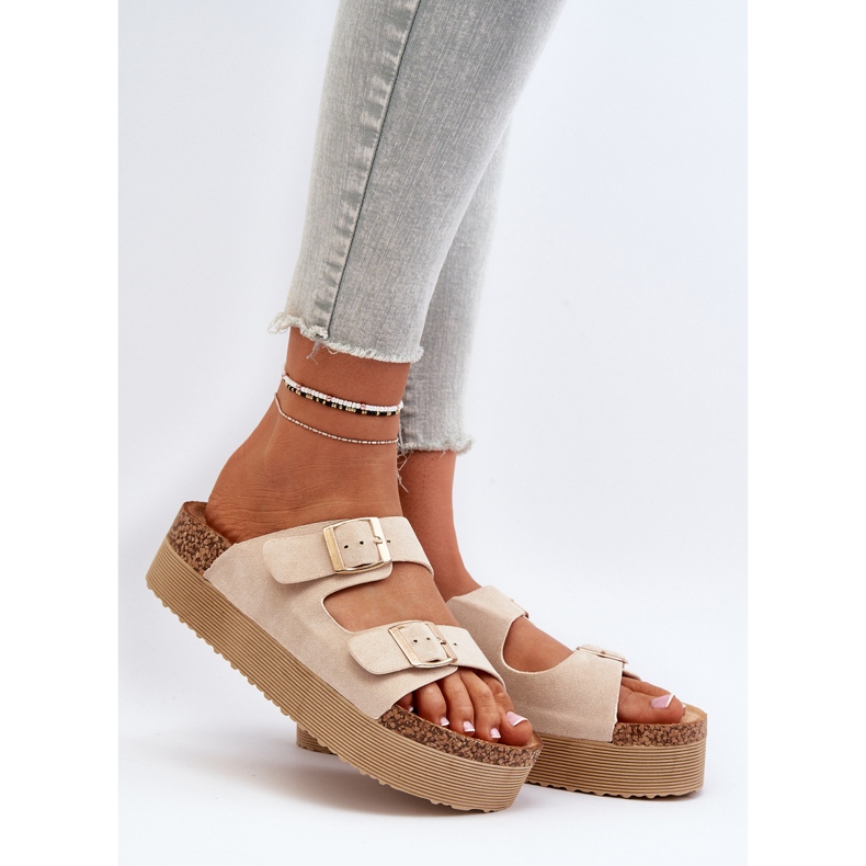 Damen-Plateau-Flip-Flops mit Schnallen Beige Lolpey 2