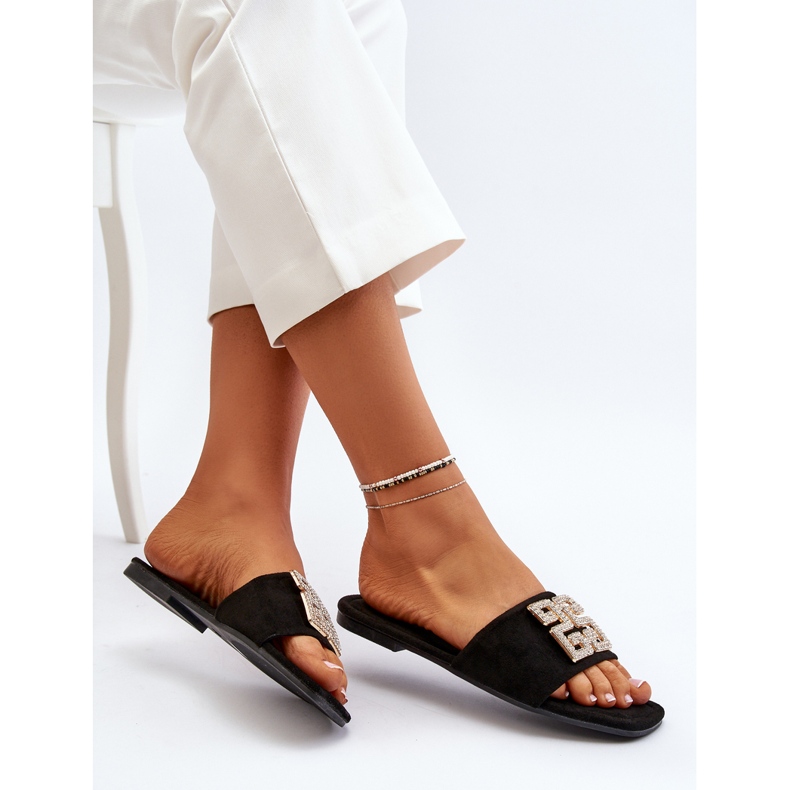 Damen-Flip-Flops mit flachem Absatz und Verzierung, schwarzes Inaile 1