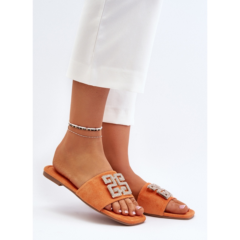 Damen-Flip-Flops mit flachem Absatz und Verzierung, Orange Inaile 2
