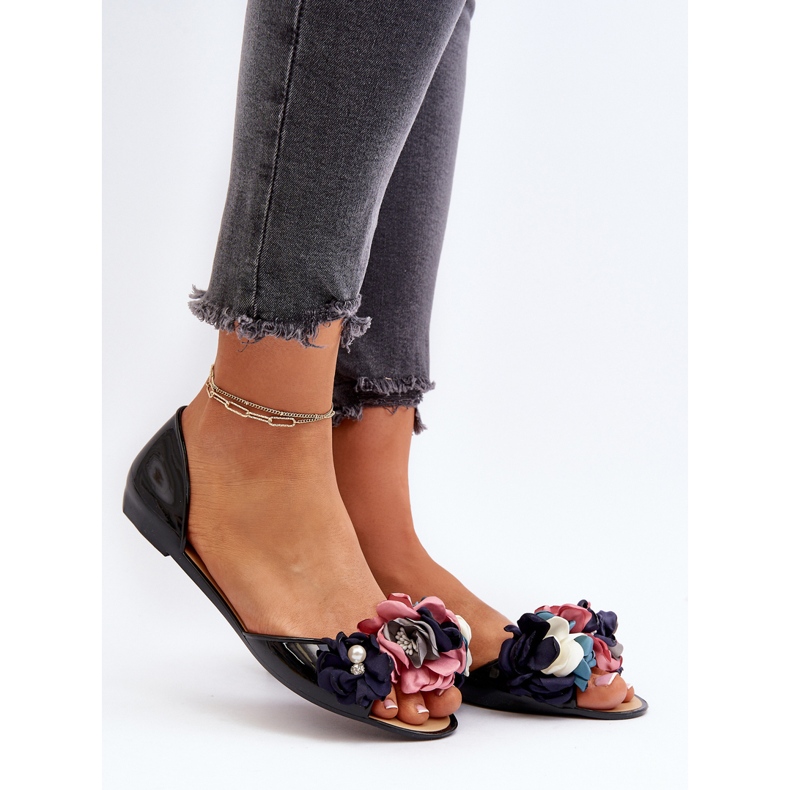 Damen Gummiballerinas mit Blumen Schwarz Junikla 2