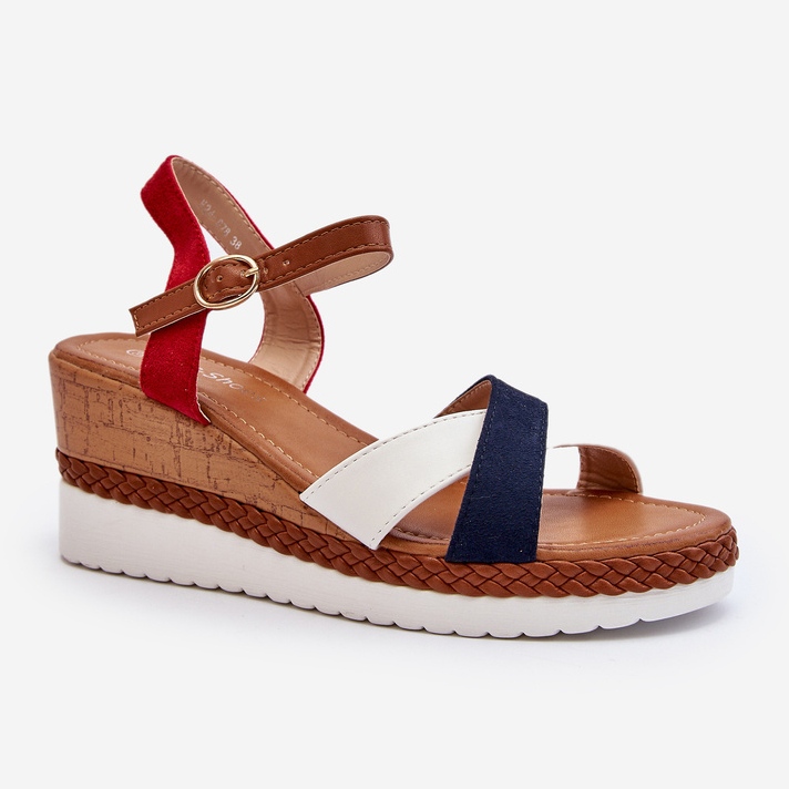 Weiße und marineblaue Kioda-Keilsandalen mit Riemen 1