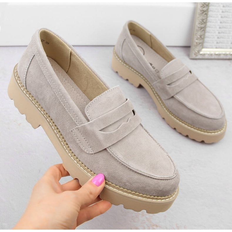 Leder-Wildleder-Schuhe für Damen, taupefarbene Mokassins, Filippo DP6090 beige 1